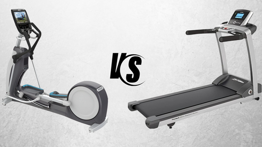 Side-by-side comparison of an elliptical trainer and a treadmill with a large VS symbol in the center, representing a comparison between the two cardio machines.