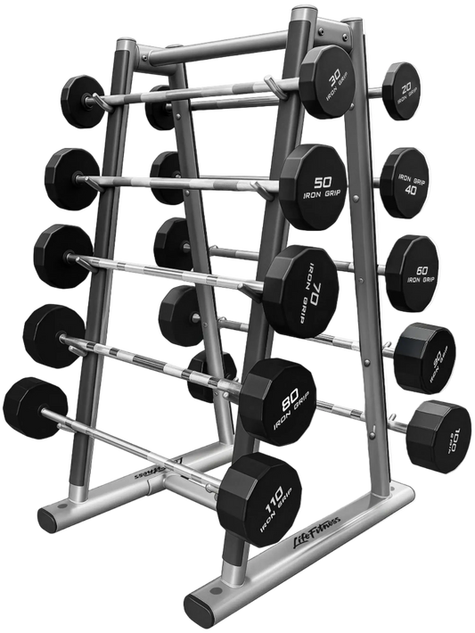 Life Fitness SBBR Signature Barbell Rack w/Iron Grip Straight Barbells (20lb-110lb) (Used) - Angled View