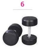 6. Fixed Black Rubber Dumbbells: 11 lbs (5kg), 22 lbs (10kg), 33 lbs (15kg), one piece each