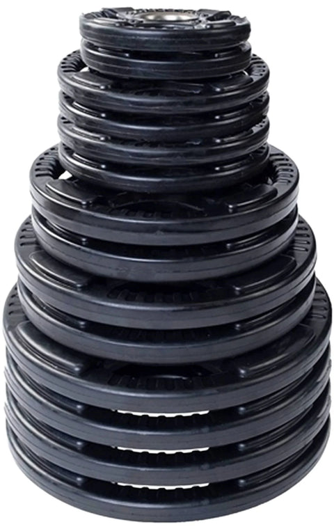 French Fitness Rubber Grip Weight Plate Set w/7 ft Bar 395 lbs + Rack + Bench (New)