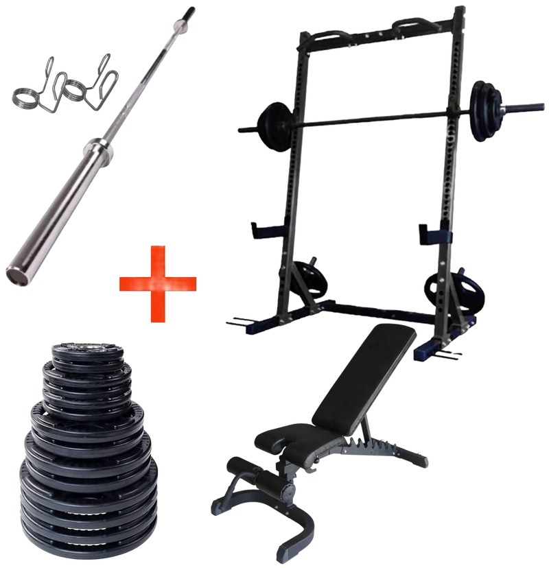 French Fitness Rubber Grip Weight Plate Set w/7 ft Bar 395 lbs + Rack + Bench (New)