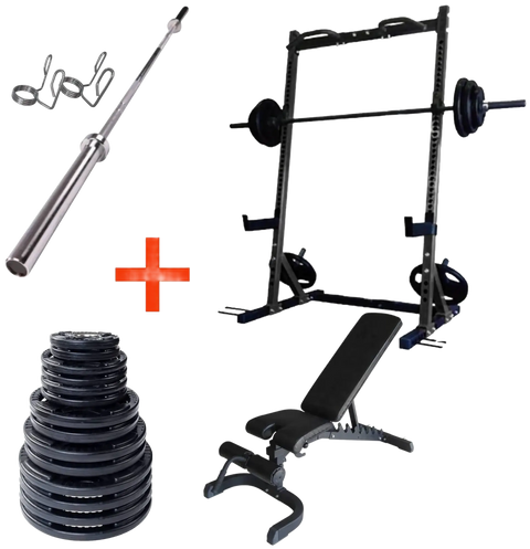 French Fitness Rubber Grip Weight Plate Set w/7 ft Bar 395 lbs + Rack + Bench (New) Image