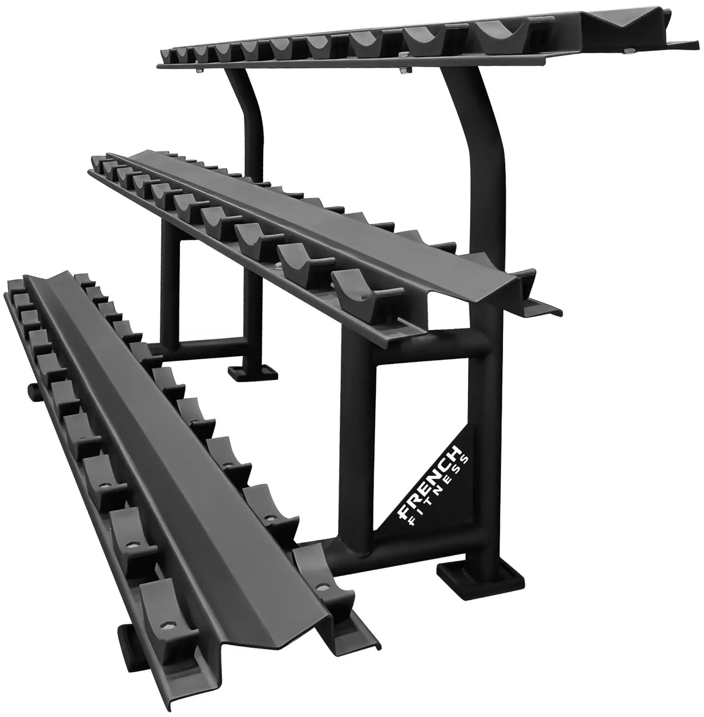 French Fitness 3 Tier Saddle 15 Pair Dumbbell Rack V2 Logo Side View