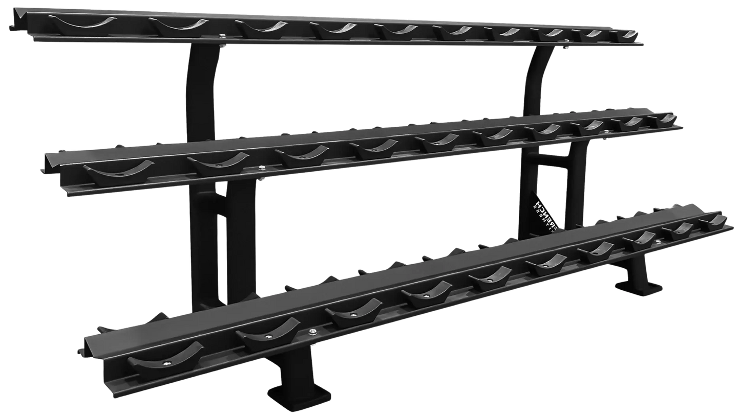 French Fitness 3 Tier Saddle 15 Pair Dumbbell Rack V2 Angled View