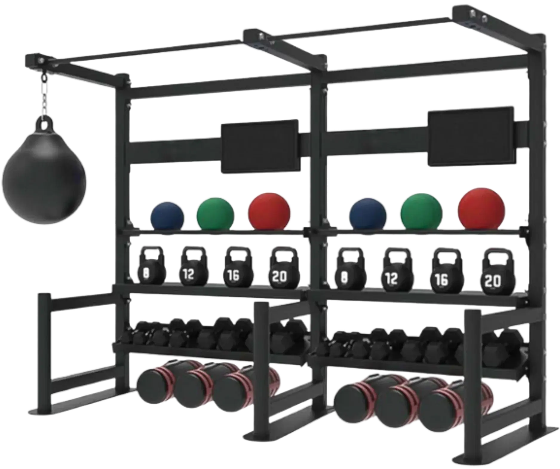 French Fitness 4 Tier Storage Squat Rack Pull Up - 2 Sections 107" (New) - Front View