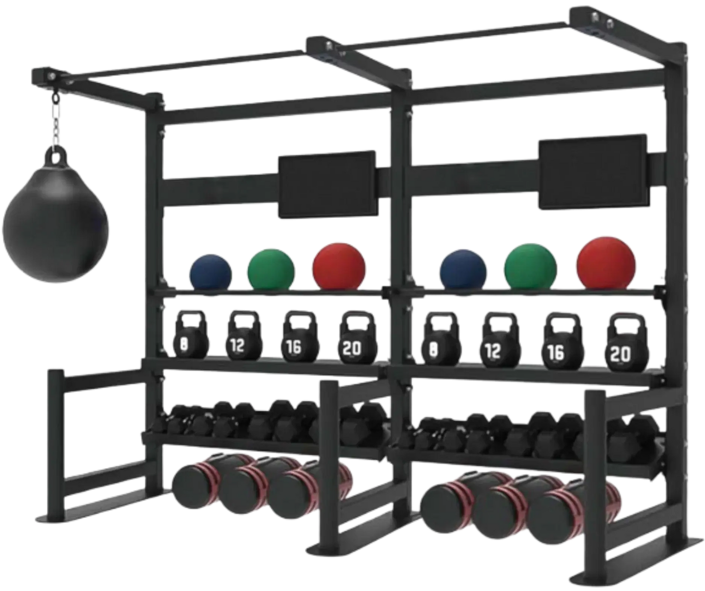 French Fitness 4 Tier Storage Squat Rack Pull Up - 2 Sections 107" (New) - Front View