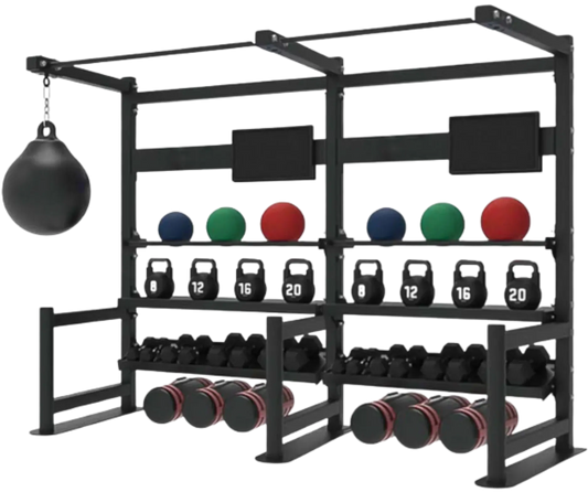 French Fitness 4 Tier Storage Squat Rack Pull Up - 2 Sections 107" (New) - Front View