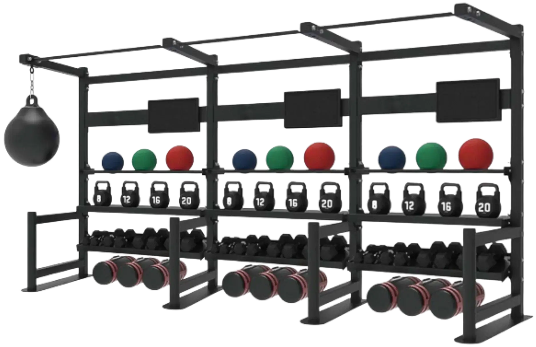 French Fitness 4 Tier Storage Squat Rack Pull Up - 3 Sections 157" (New) - Front View