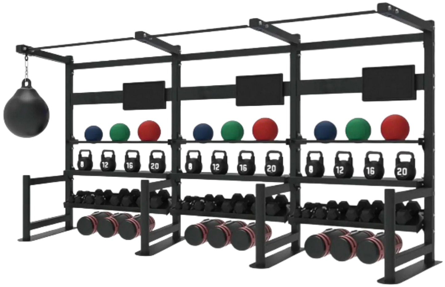 French Fitness 4 Tier Storage Squat Rack Pull Up - 3 Sections 157" (New) - Front View