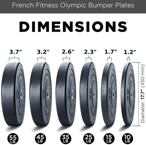 French Fitness Olympic Bumper Plates Set w/7 ft Olympic Bar 515 lbs - Crumb Rubber (New)