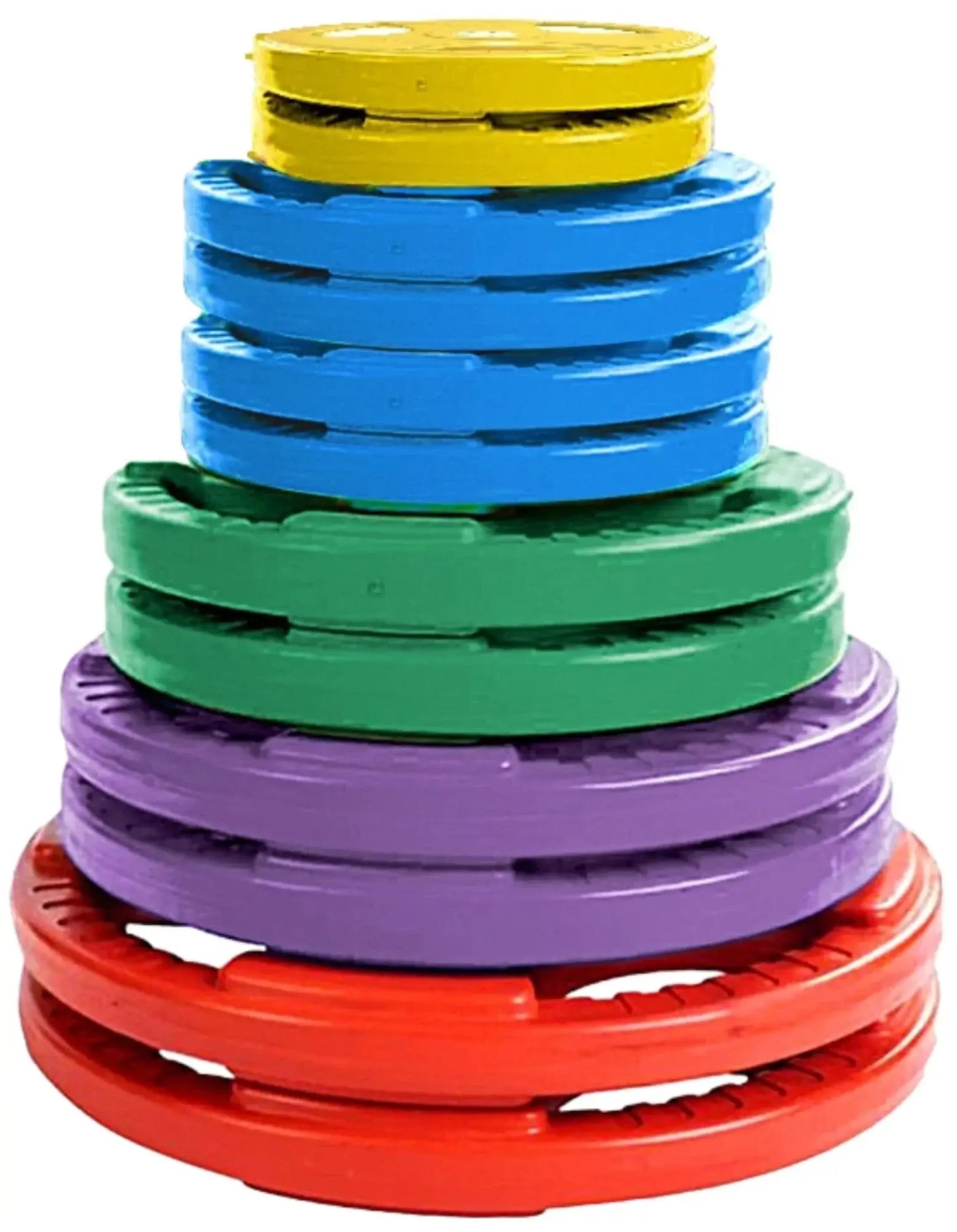 French Fitness Colored Rubber Grip Weight Plate Set w/7 ft Bar 305 lbs + Rack + Bench (New) Image 6