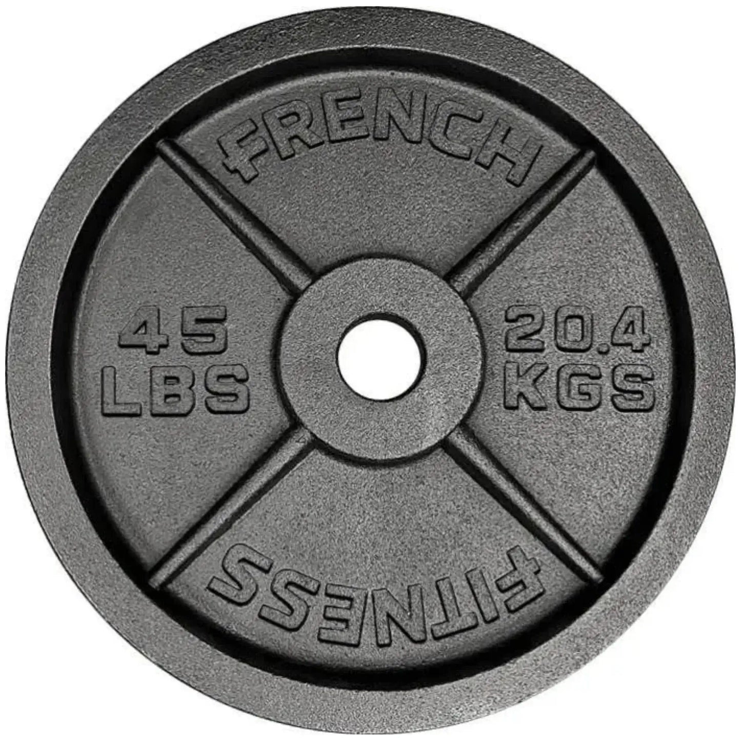 French Fitness - Cast Iron Olympic Weight Plate V1 Set w/7 ft Olympic Bar 235 lbs (New) - Side View