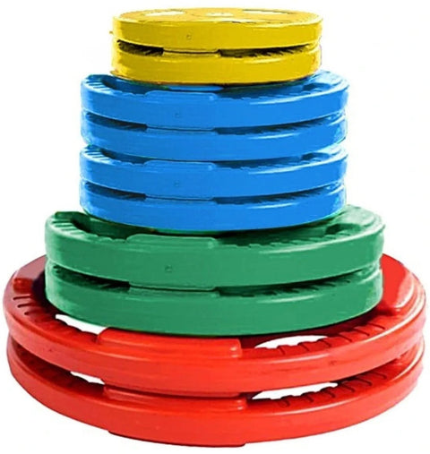 French Fitness Colored Rubber Grip Weight Plate Set w/7 ft Olympic Bar 235 lbs + Bench (New)