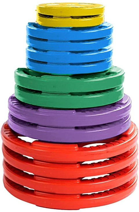 French Fitness Colored Rubber Grip Weight Plate Set w/7 ft Olympic Bar 395 lbs (New)