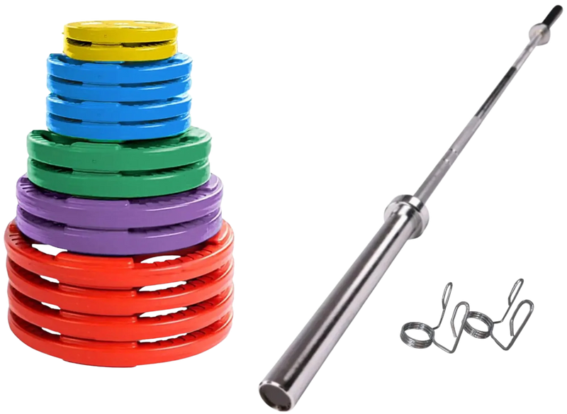 French Fitness Colored Rubber Grip Weight Plate Set w/7 ft Olympic Bar 395 lbs (New)