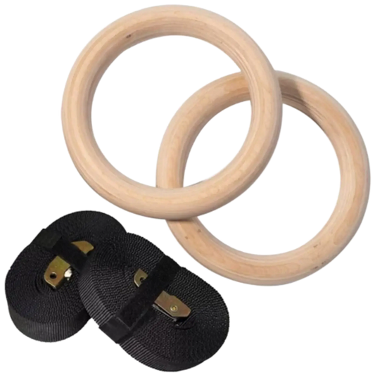 French Fitness Gymnastic Gym Wood Rings w/Adjustable Straps (New) Image