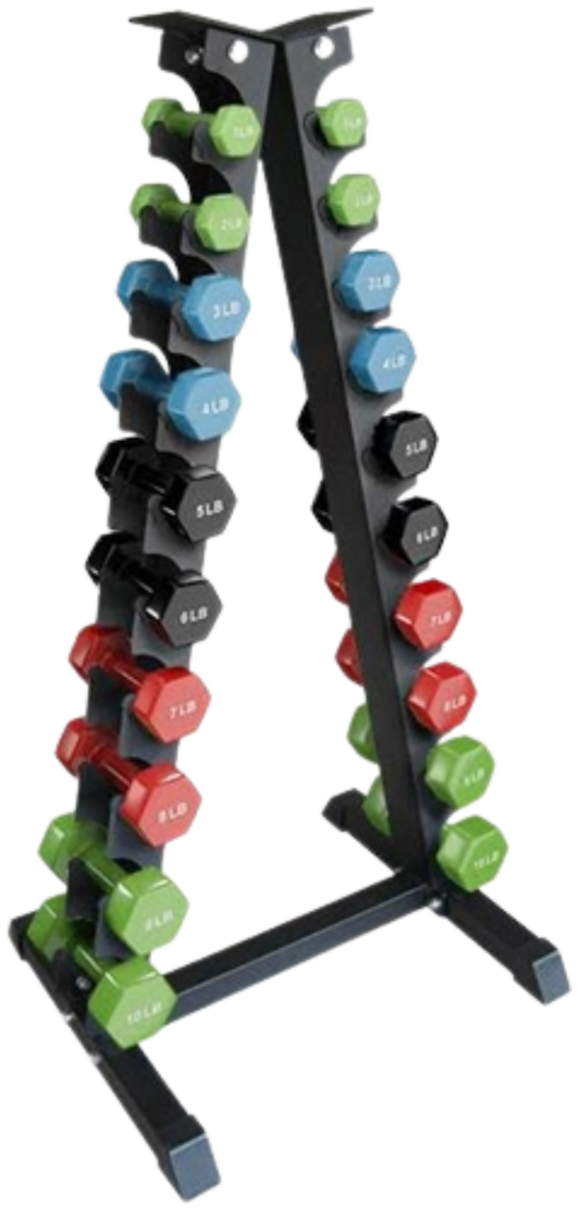 French Fitness Colorful Hex Vinyl Dumbbell Set 1 to 10 lbs w/Rack (New) Image