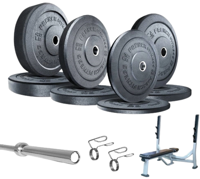 French Fitness Olympic Bumper Plate Set w/7 ft Olympic Bar 235 lbs + Bench - Crumb Rubber (New)