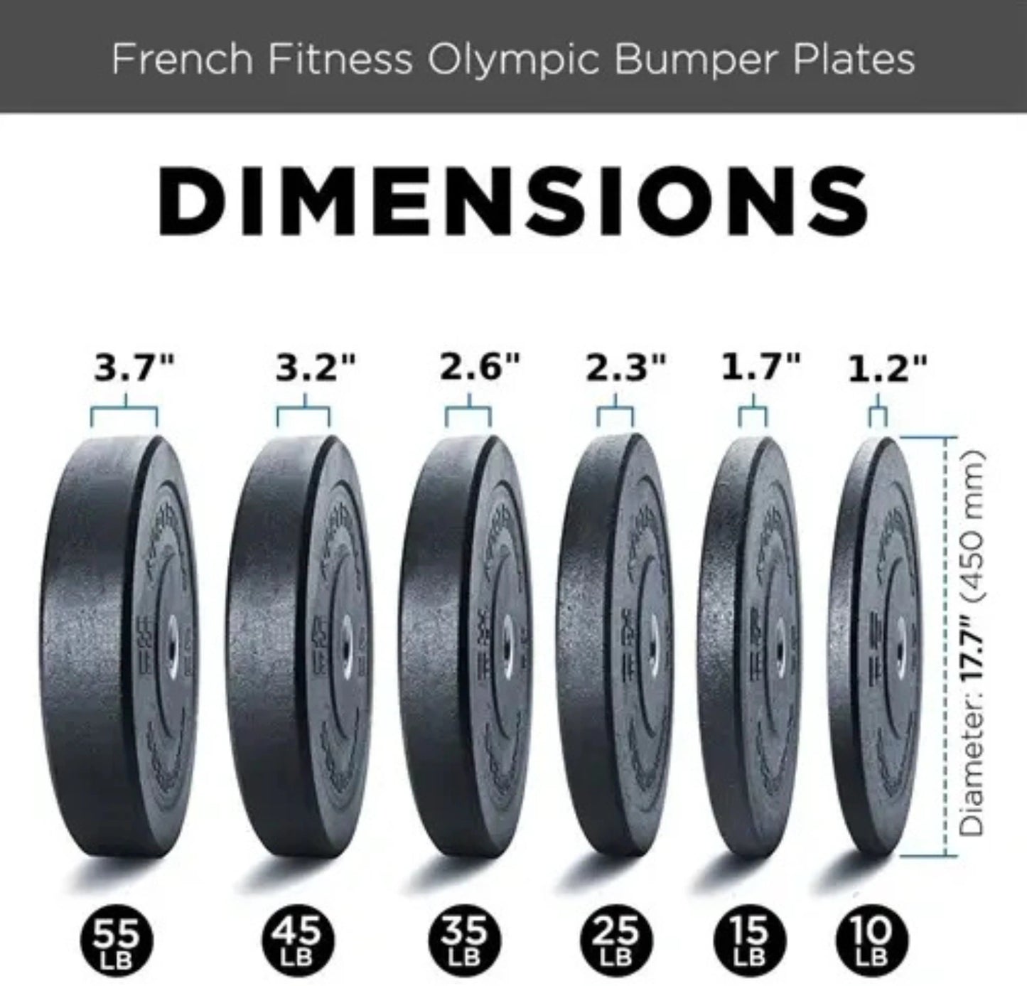 French Fitness Olympic Bumper Plate Set w/7 ft Olympic Bar 415 lbs - Crumb Rubber (New) Image 8