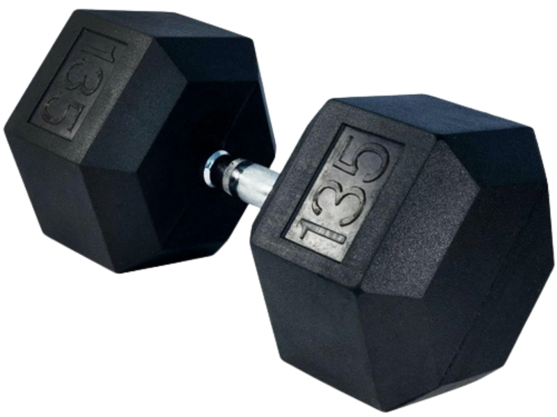 French Fitness Rubber Coated Hex Dumbbell 135 lbs - Single (New)