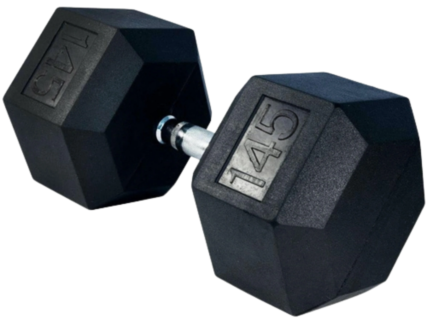 French Fitness Rubber Coated Hex Dumbbell 145 lbs - Single - Angled View