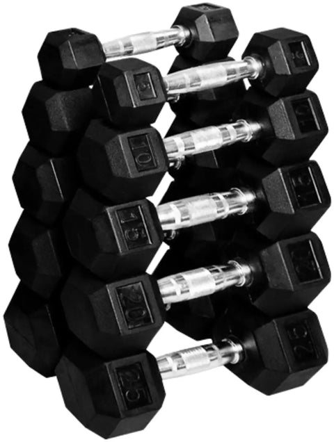 French Fitness Rubber Coated Hex Dumbbell Set 2.5-25 lbs - 10 Pair (New)