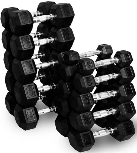 French Fitness Rubber Hex Dumbbell Set 5-100 lbs w/(2) 3 Tier Dumbbell Racks (New)