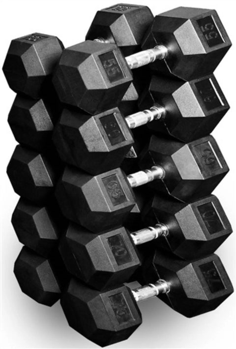 French Fitness Rubber Hex Dumbbell Set 5-100 lbs w/(2) 3 Tier Dumbbell Racks (New)