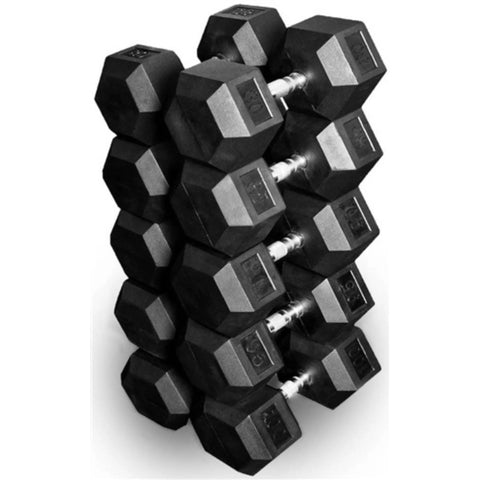 French Fitness Rubber Hex Dumbbell Set 5-100 lbs w/(2) 3 Tier Dumbbell Racks (New)