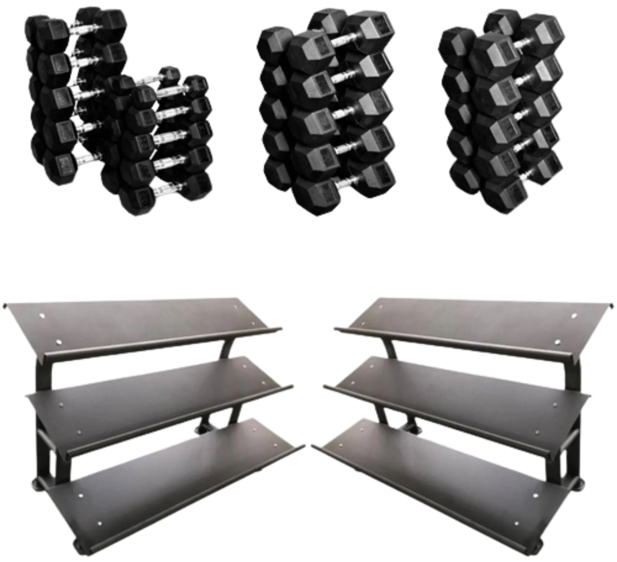 French Fitness Rubber Hex Dumbbell Set 5-100 lbs w/(2) 3 Tier Dumbbell Racks (New) Image