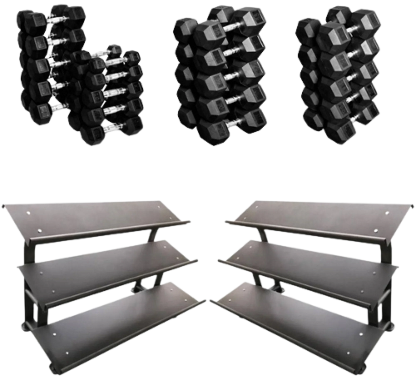 French Fitness Rubber Hex Dumbbell Set 5-100 lbs w/(2) 3 Tier Dumbbell Racks (New) Image