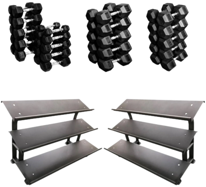 French Fitness Rubber Hex Dumbbell Set 5-100 lbs w/(2) 3 Tier Dumbbell Racks (New)
