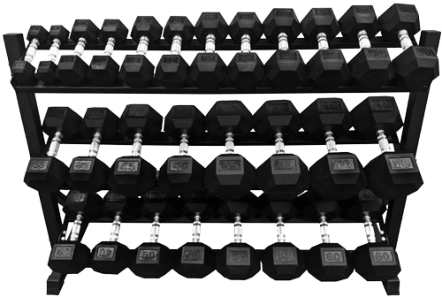 French Fitness Rubber Coated Hex Dumbbell Set 5-70 lbs w/Rack (New) Image 5