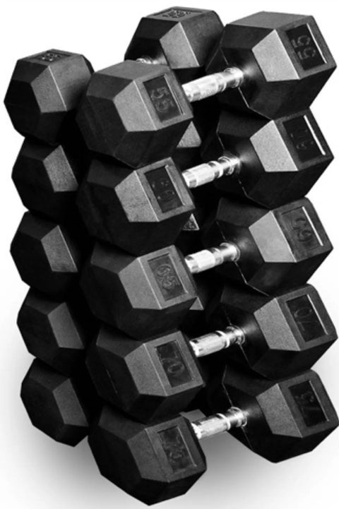 French Fitness Rubber Hex Dumbbell Set 5 to 75 lbs w/Bench + 3 Tier Dumbbell Rack (New)