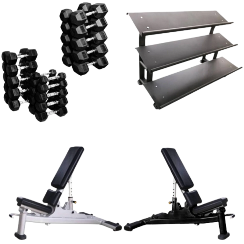 French Fitness Rubber Hex Dumbbell Set 5 to 75 lbs w/Bench + 3 Tier Dumbbell Rack (New)