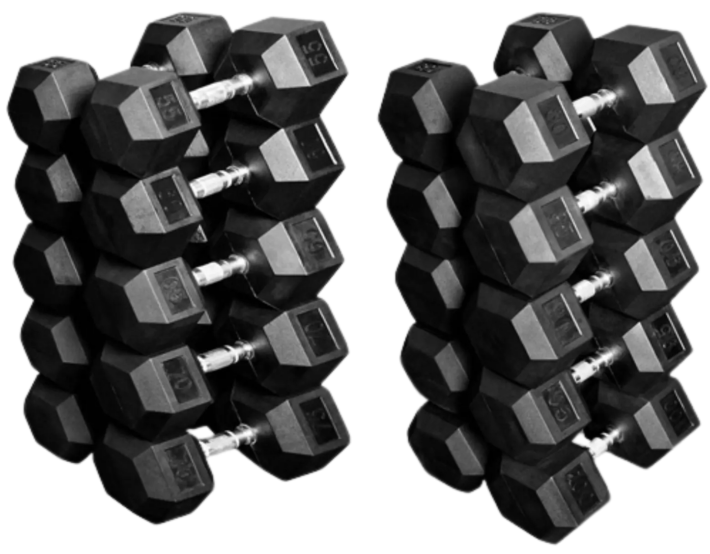 French Fitness Rubber Coated Hex Dumbbell Set 55-100 lbs - Angled View