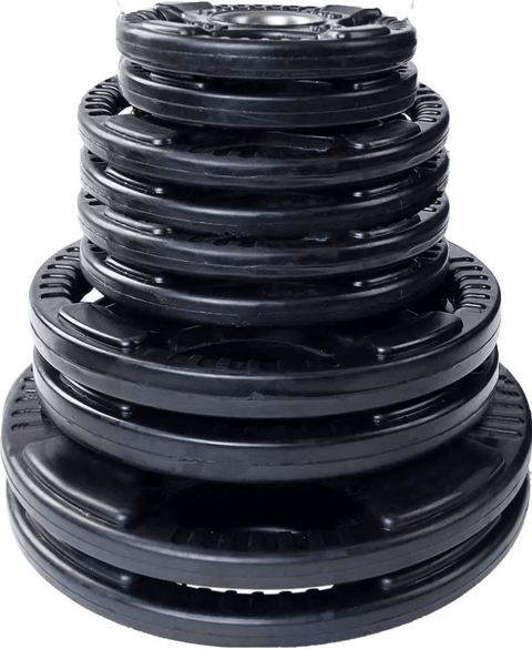 French Fitness Rubber Grip Weight Plate Set w/7 ft Bar 235 lbs + Rack + Bench (New) Image 5