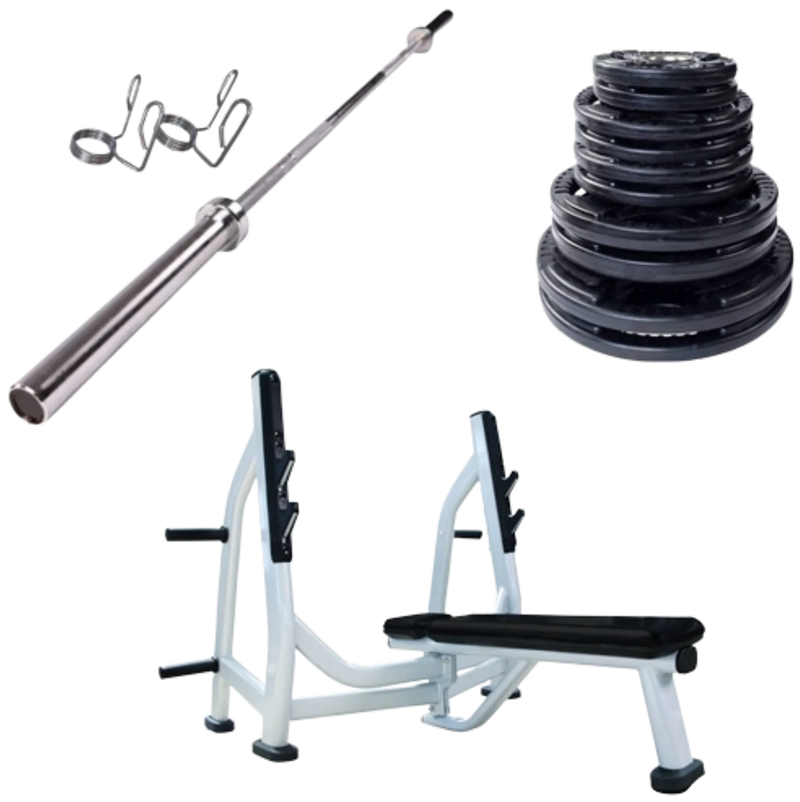 French Fitness Rubber Grip Weight Plate Set w/7 ft Olympic Bar 235 lbs + Bench (New)