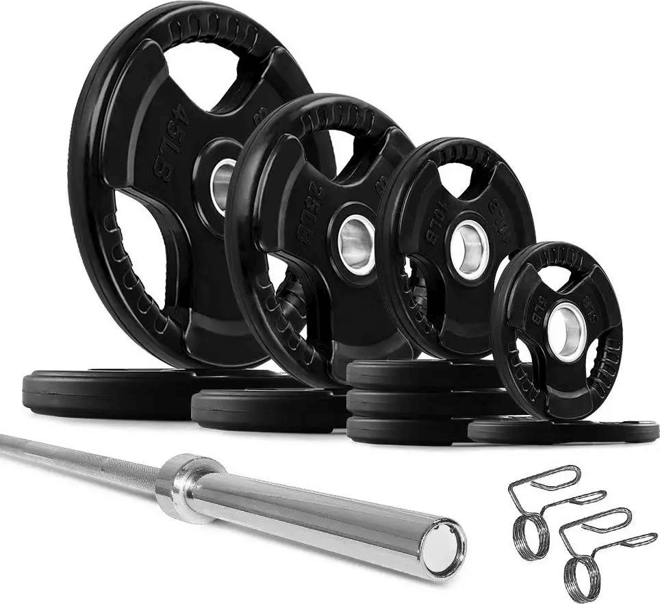 French Fitness Rubber Grip Weight Plate Set w/7 ft Bar 235 lbs + Rack + Bench (New) Image 7