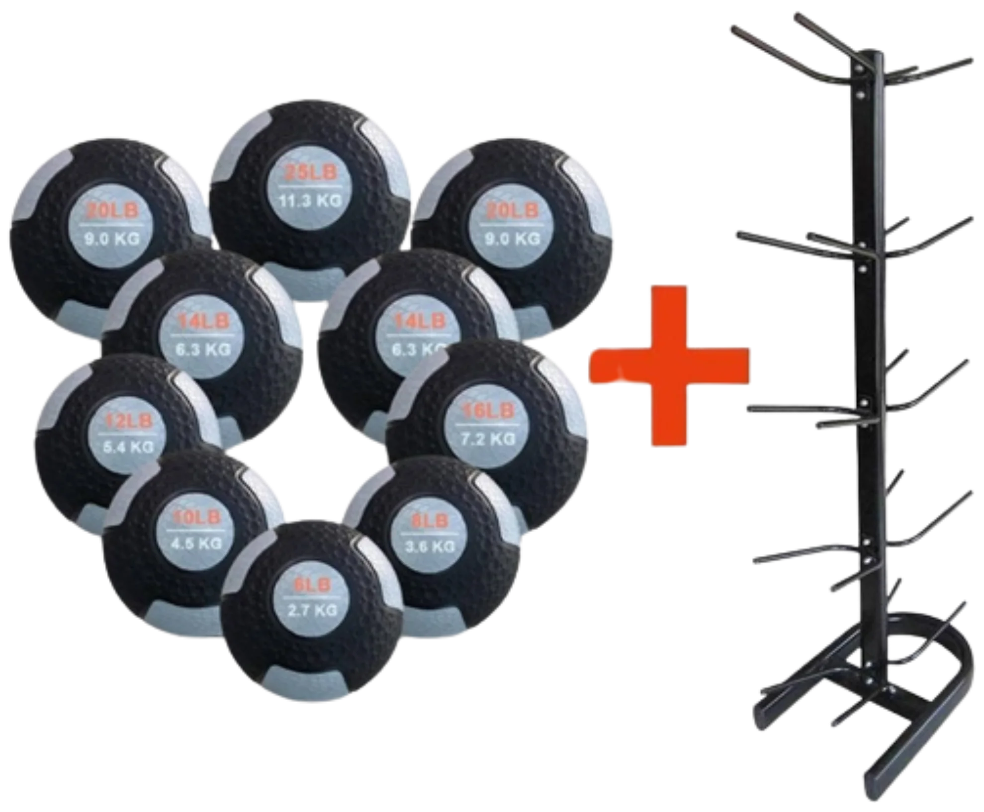 French Fitness Rubber Medicine Ball Set of 10 (6 to 25 lbs) w/Rack (New) Image