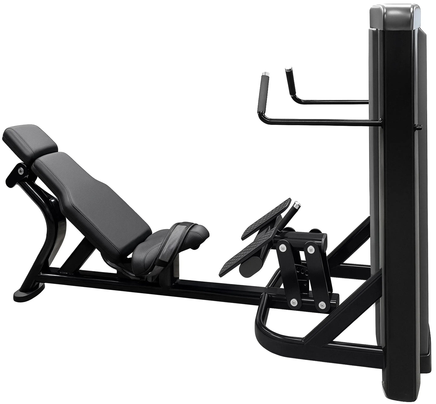 French Fitness Telluride Hip Thrust Glute Machine - Side profile View – new lower body training equipment with angled seat, foot platform, and enclosed weight stack.