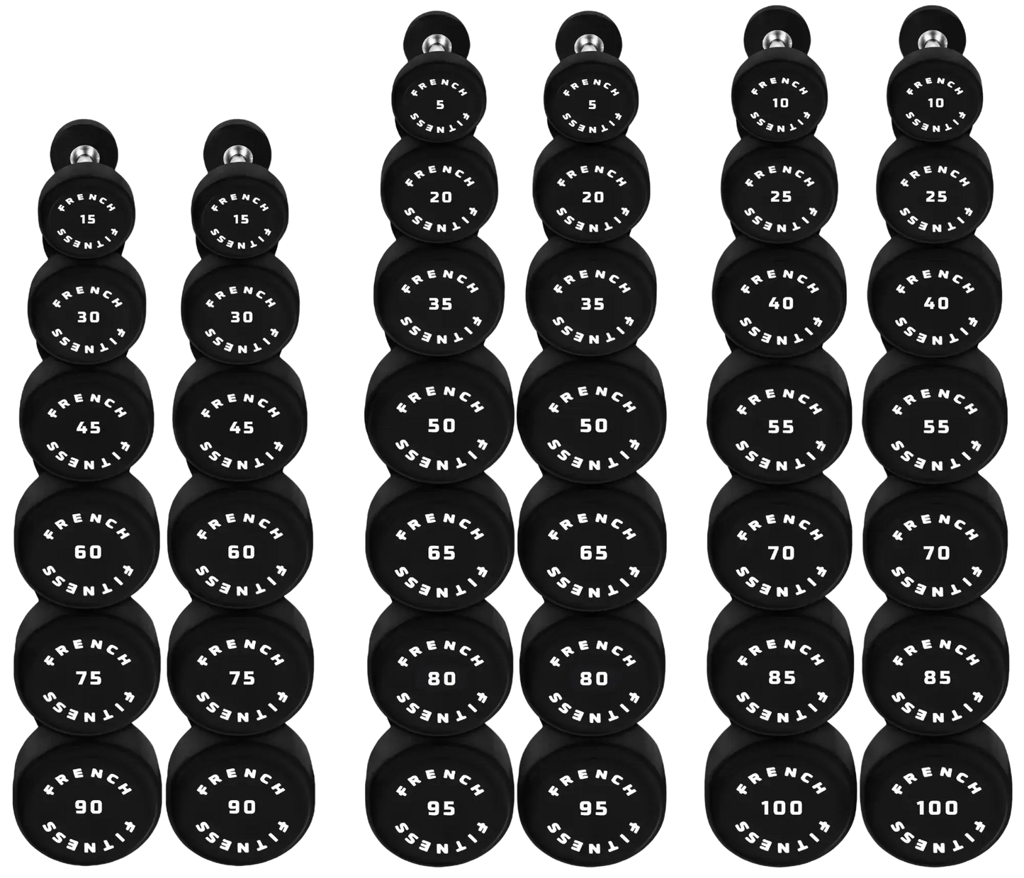 French Fitness Urethane Round Pro Style Dumbbell Set, 5-100 lbs (New) Image