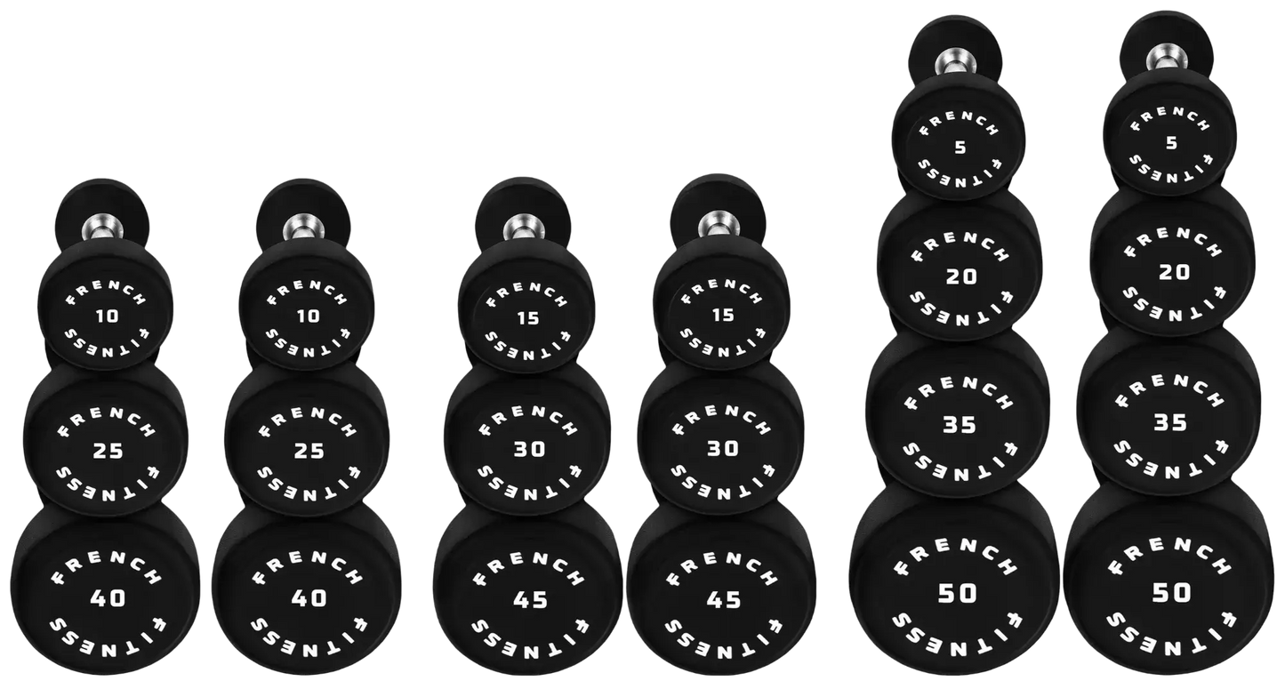 French Fitness Urethane Round Pro Style Dumbbell Set, 5-50 lbs (New) Image