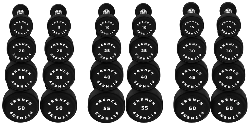 French Fitness Urethane Round Pro Style Dumbbell Set, 5-60 lbs (New)