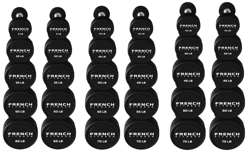 French Fitness Urethane Round Pro Style Dumbbell V2 Set, 5-75 lbs (New) Image