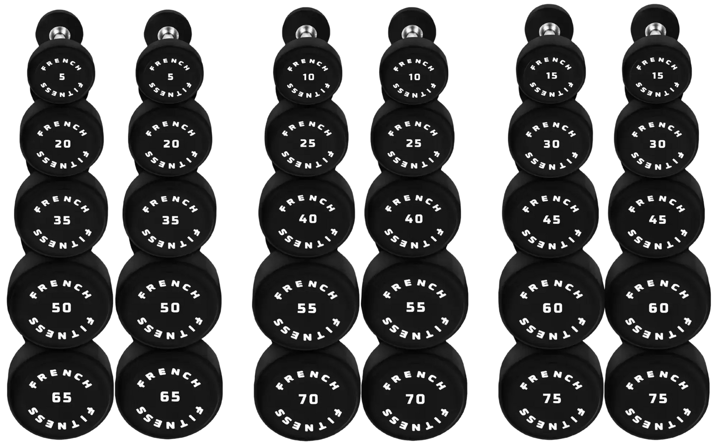 French Fitness Urethane Round Pro Style Dumbbell Set, 5-75 lbs (New) Image