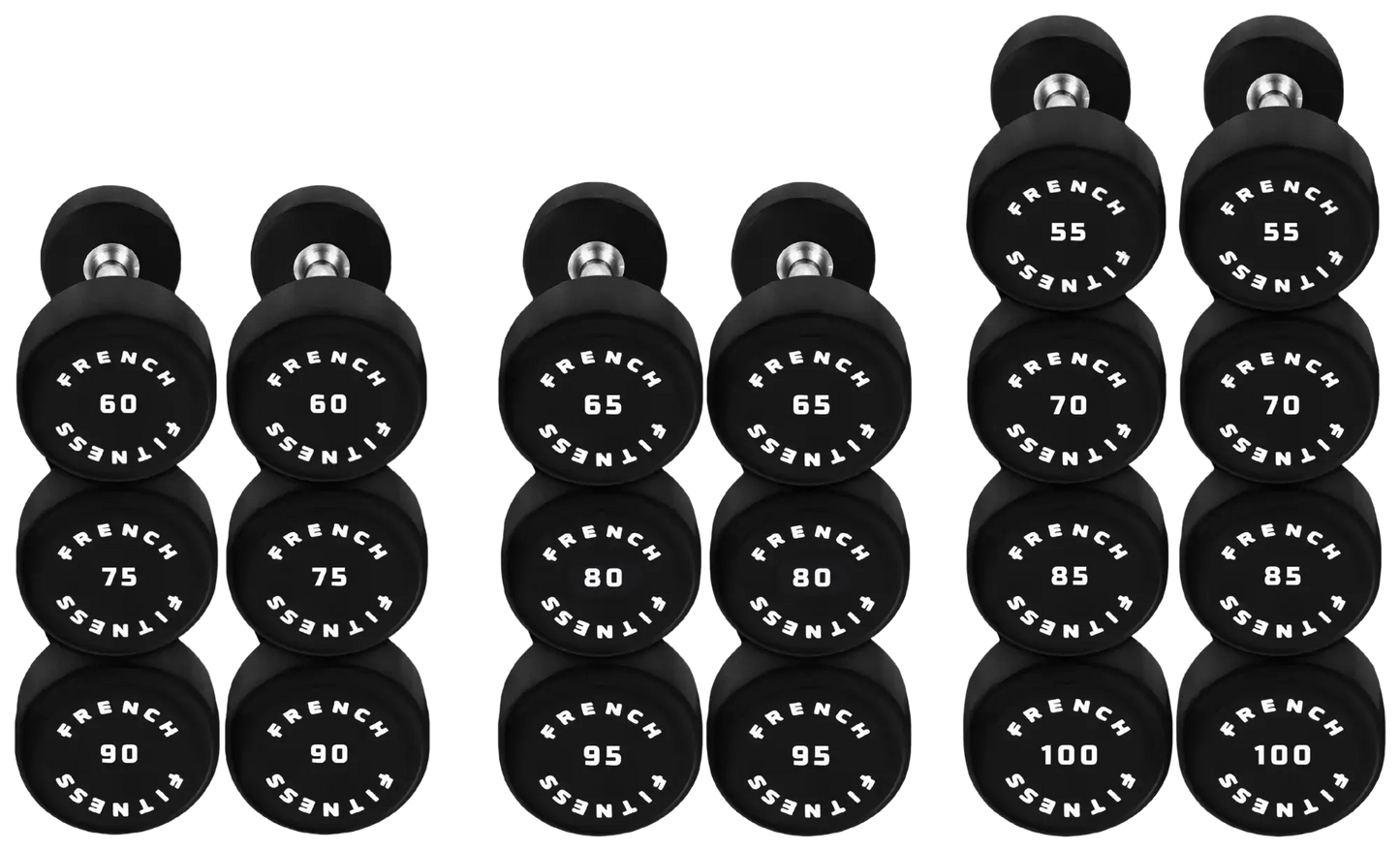 French Fitness Urethane Round Pro Style Dumbbell Set, 55-100 lbs (New) Image