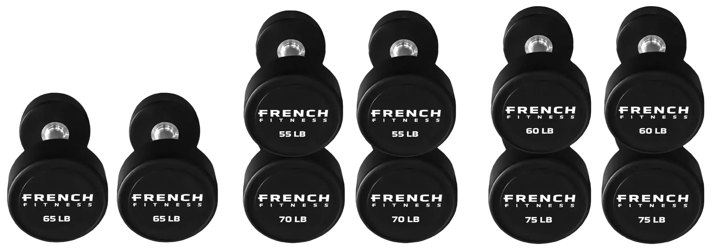 French Fitness Urethane Round Pro Style Dumbbell V2 Set, 55-75 lbs (New) Image