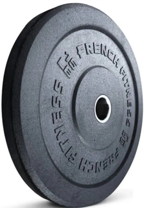French Fitness Olympic Bumper Plates Set w/7 ft Olympic Bar 285 lbs - Crumb Rubber (New) - Close Up View