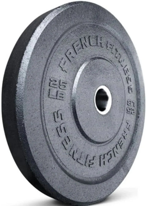 French Fitness Olympic Bumper Plates Set w/7 ft Olympic Bar 285 lbs - Crumb Rubber (New) - Close Up View